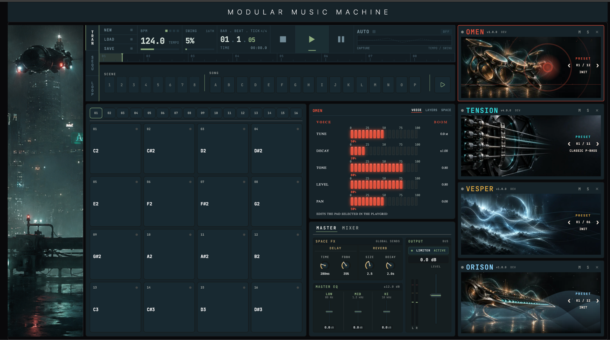 The MMM interface, with transport and scene controls, a performance pad grid, a shared instrument panel, a master mixer, and four instrument modules.