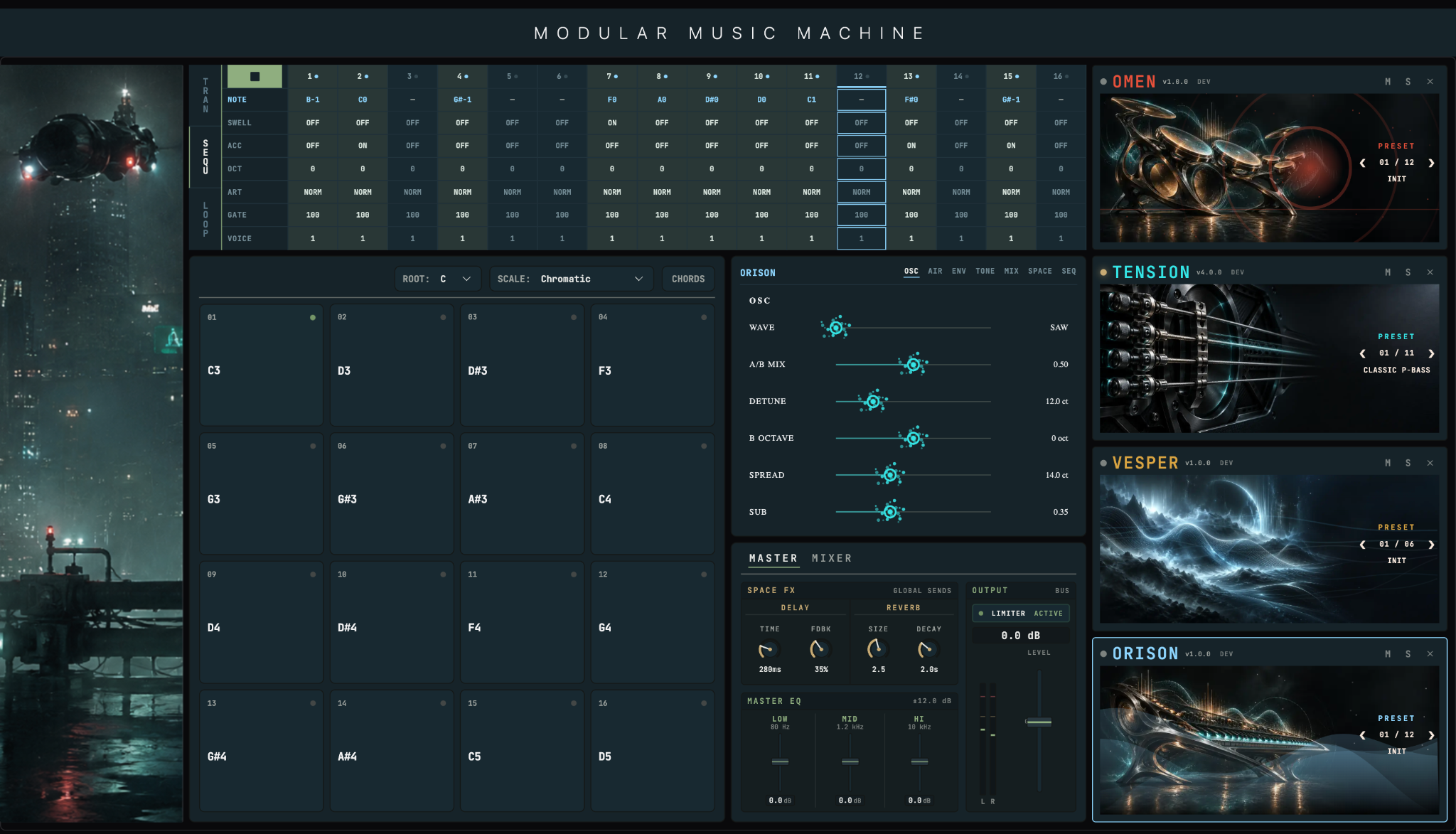 Detail of the MMM sequencer, showing a pattern with notes and controls for each step.